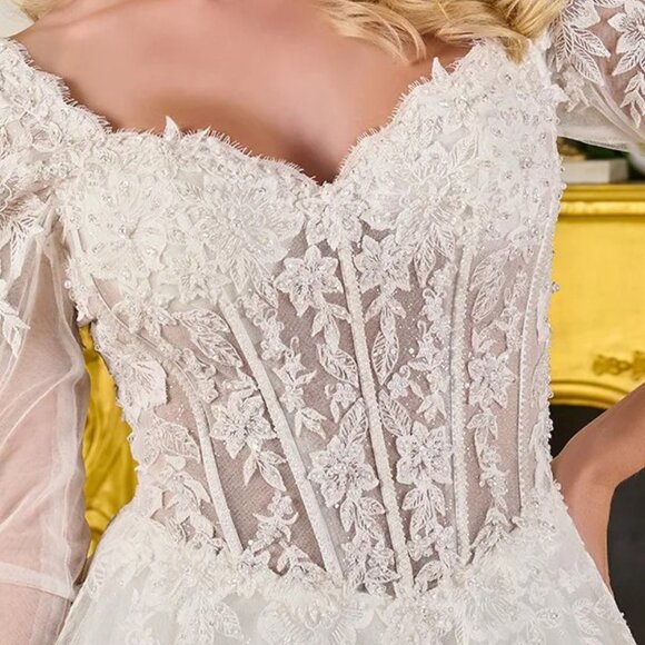 New Off White Floral Wedding Mesh Dress w/ Lace Up Back & V-Neckline GL3819 - Picture 6 of 14